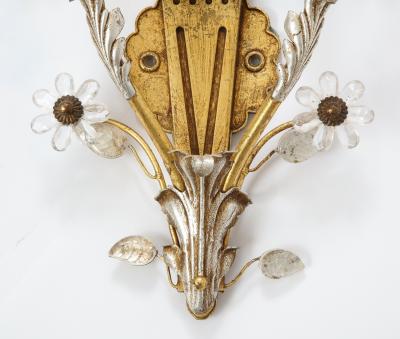 Banci Pair of Gilt and Silvered Bronze Banci Sconces with Rock Crystal Floral Motif 
