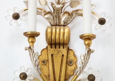 Banci Pair of Gilt and Silvered Bronze Banci Sconces with Rock Crystal Floral Motif 