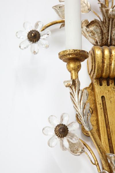 Banci Pair of Gilt and Silvered Bronze Banci Sconces with Rock Crystal Floral Motif 