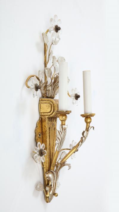 Banci Pair of Gilt and Silvered Bronze Banci Sconces with Rock Crystal Floral Motif 