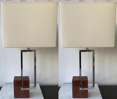 Banci Pair of Lamps Chrome Metal Red Marble by Banci Italy 1970s