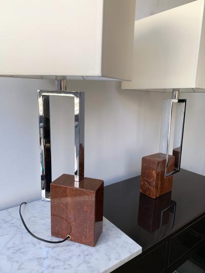 Banci Pair of Lamps Chrome Metal Red Marble by Banci Italy 1970s