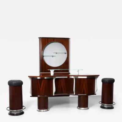 Bar and Serving Cabinet and two Stools in Rosewood and Glass Italy 1960