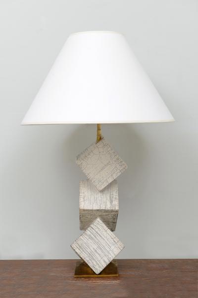 Barbara Billoud Bespoke Pair of French Sculptural Raku Ceramic Cubist Lamps