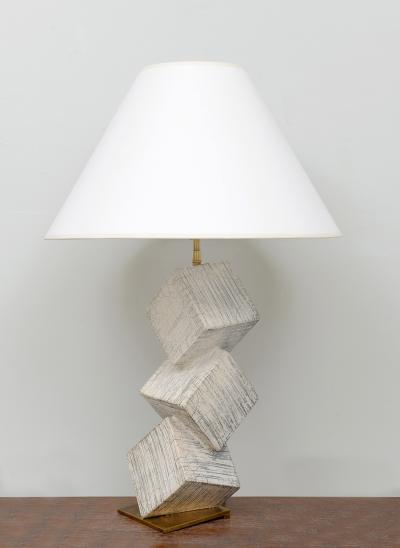 Barbara Billoud Bespoke Pair of French Sculptural Raku Ceramic Cubist Lamps