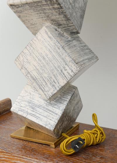 Barbara Billoud Bespoke Pair of French Sculptural Raku Ceramic Cubist Lamps