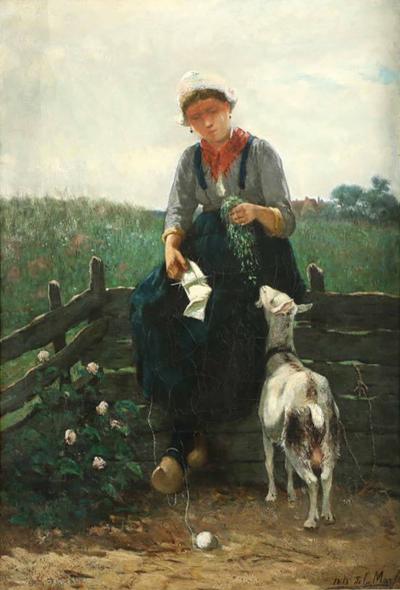 Barbizon Painting of Girl Feeding Goat by David de la Mar Dutch 1832 98 