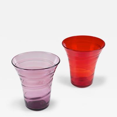 Barnaby Powell Vintage Ruby red and Amethyst Whitefriars ribbon trail vases by Barnaby Powell