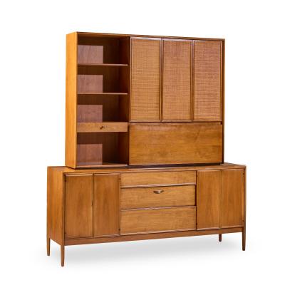 Barney Flagg Barney Flagg for Drexel Parallel Mid Century Walnut and Cane Credenza and Hutch
