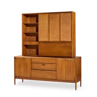 Barney Flagg Barney Flagg for Drexel Parallel Mid Century Walnut and Cane Credenza and Hutch
