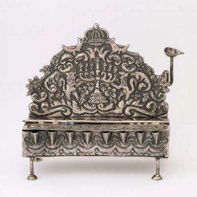 Baroque 19th Century Hand Worked Repouss Sterling Oil Lamp Footed Menorah