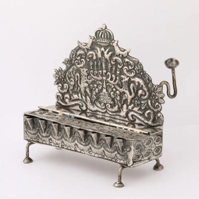 Baroque 19th Century Hand Worked Repouss Sterling Oil Lamp Footed Menorah