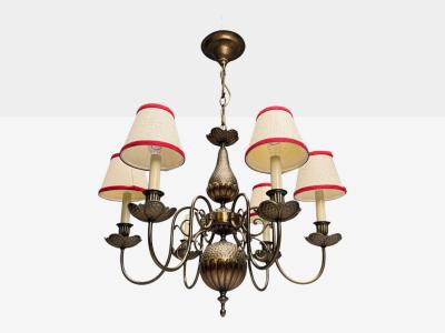 Baroque Hammered Brass Bronze Fabric Pendant Light 1950s