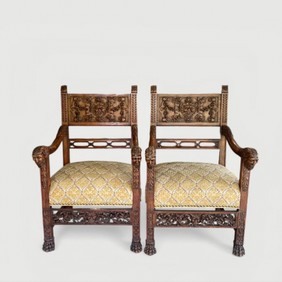 Baroque Revival Pair of Oak Armchairs