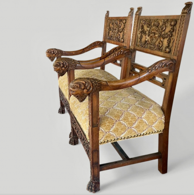 Baroque Revival Pair of Oak Armchairs