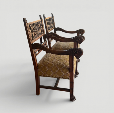 Baroque Revival Pair of Oak Armchairs