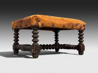 Baroque Small Footstool Leather Turned Walnut 19th c 