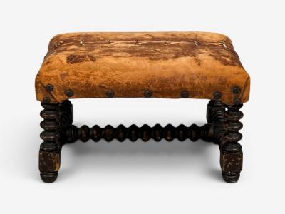Baroque Small Footstool Leather Turned Walnut 19th c 