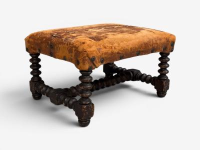 Baroque Small Footstool Leather Turned Walnut 19th c 