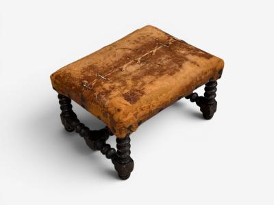 Baroque Small Footstool Leather Turned Walnut 19th c 