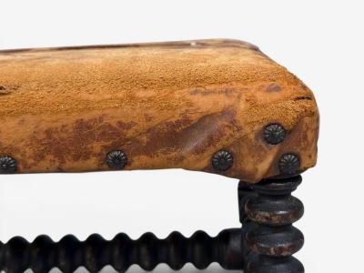 Baroque Small Footstool Leather Turned Walnut 19th c 