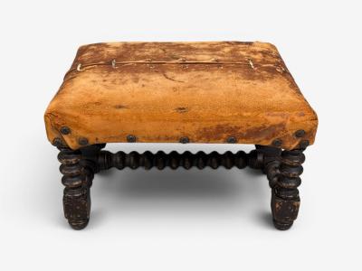 Baroque Small Footstool Leather Turned Walnut 19th c 