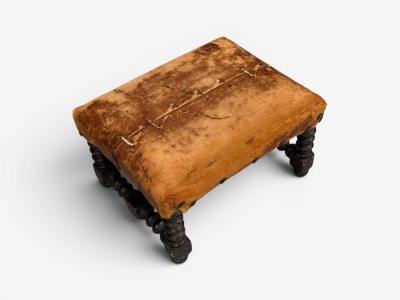 Baroque Small Footstool Leather Turned Walnut 19th c 