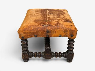 Baroque Small Footstool Leather Turned Walnut 19th c 
