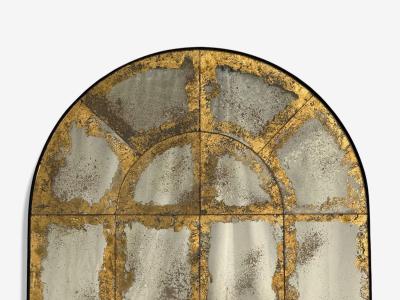 Baroque Style Eglomise Glass Arched Gold Wall Mirror Stained Wood
