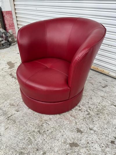 Barrelback Red Leather Swivel Lounge Chair