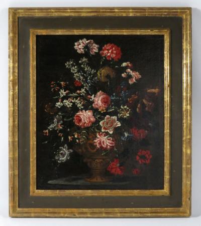 Bartolomeo Bimbi Bouquet of Carnations Roses and Hyacinths in an embossed Metal Vase
