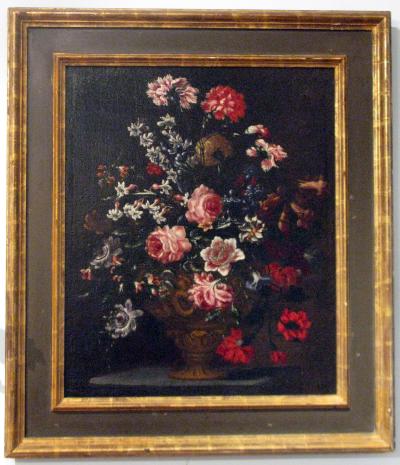 Bartolomeo Bimbi Bouquet of Carnations Roses and Hyacinths in an embossed Metal Vase