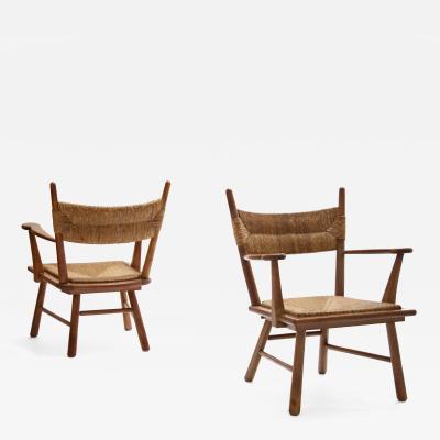 Bas Van Pelt Bas Van Pelt armchairs in solid oak and straw the Netherlands 1940s