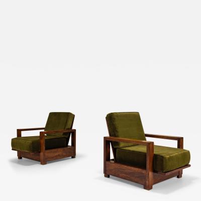 Bas Van Pelt Two Reclining Lounge Chairs in Mahogany and Green Velvet by Bas van Pelt 1935