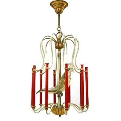 Bauges French Mid Century Metal and Murano Glass Bird Chandelier