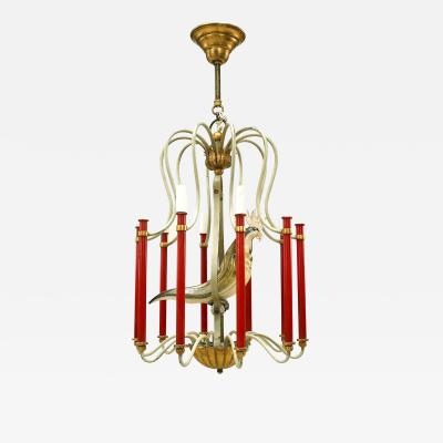 Bauges French Mid Century Metal and Murano Glass Bird Chandelier