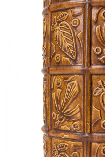 Bay Keramik West German Mid Century Leaf and Grid Incised Brown Glazed Ceramic V