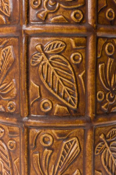 Bay Keramik West German Mid Century Leaf and Grid Incised Brown Glazed Ceramic V