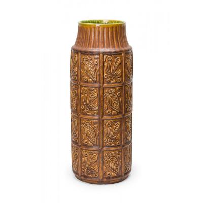 Bay Keramik West German Mid Century Leaf and Grid Incised Brown Glazed Ceramic V