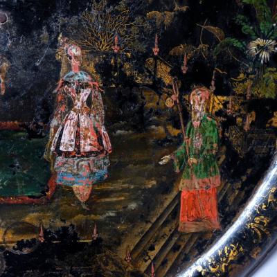 Beaten up 19th century chinoiserie tile top table paint and lacquer wood