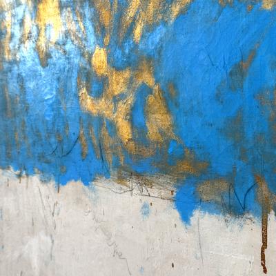 Beatrice Pontacq BLUE CLOUD ON GOLD BACKGROUND Acrylic gilding clay and pencil on canvas