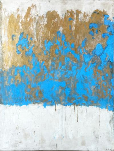 Beatrice Pontacq BLUE CLOUD ON GOLD BACKGROUND Acrylic gilding clay and pencil on canvas