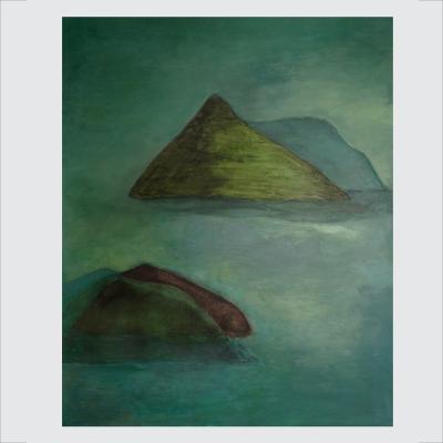 Beatrice Pontacq ISLANDS CLOUD MOUNTAINS GREEN Acrylic and charcoal painting on a linen canvas