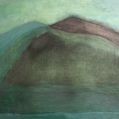 Beatrice Pontacq ISLANDS CLOUD MOUNTAINS GREEN Acrylic and charcoal painting on a linen canvas