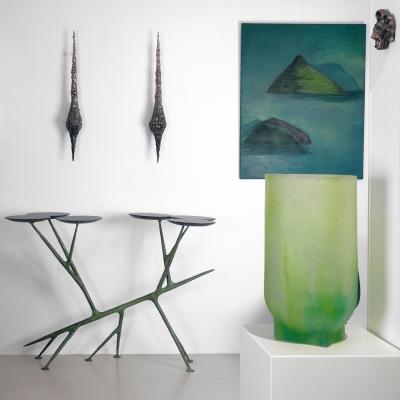 Beatrice Pontacq ISLANDS CLOUD MOUNTAINS GREEN Acrylic and charcoal painting on a linen canvas