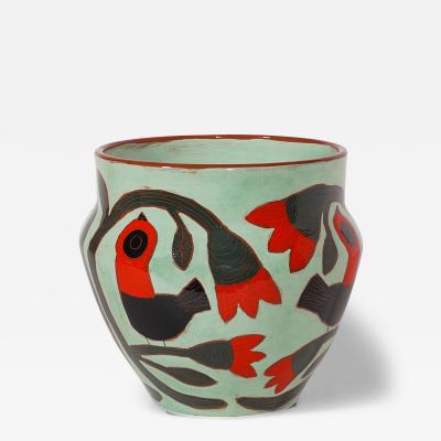 Beatriz Garrigo GREEN CERAMIC MID VASE A WITH RED AND BLACK BIRDS