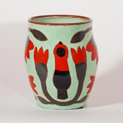Beatriz Garrigo GREEN CERAMIC MID VASE C WITH RED AND BLACK BIRDS