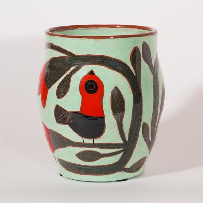 Beatriz Garrigo GREEN CERAMIC MID VASE C WITH RED AND BLACK BIRDS