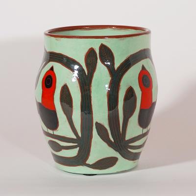 Beatriz Garrigo GREEN CERAMIC MID VASE C WITH RED AND BLACK BIRDS