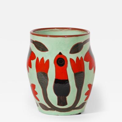 Beatriz Garrigo GREEN CERAMIC MID VASE C WITH RED AND BLACK BIRDS